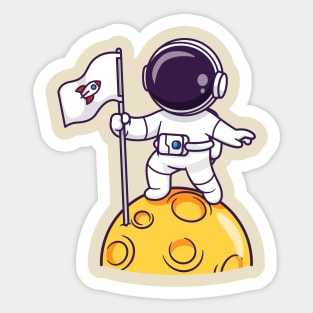 Cute Astronaut Holding Flag On Moon Cartoon Sticker